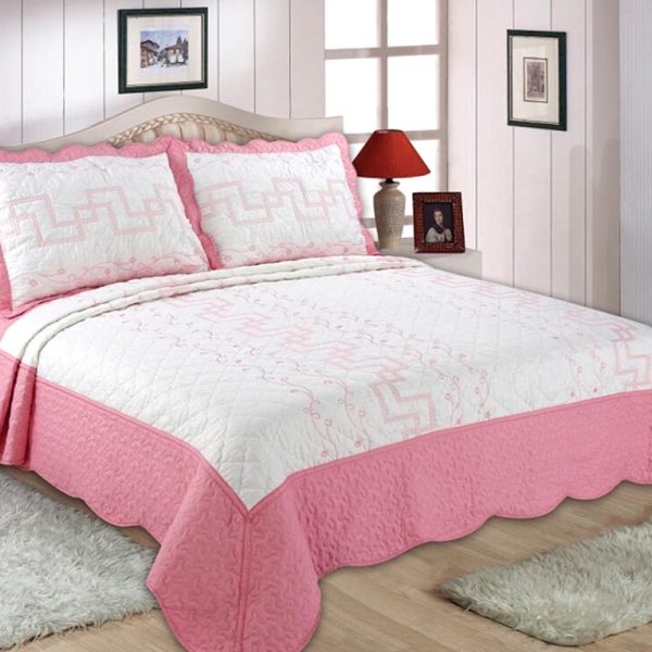 Pink Geometric Embroidery Bedspread